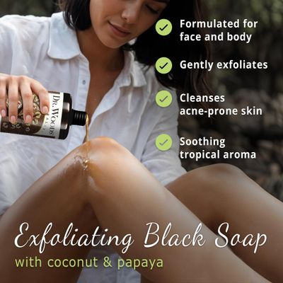 Dr. Woods Raw African Liquid Coconut Papaya Black Soap- Body Wash for Men Women, Organic Shea Butter, Gentle Exfoliant, Coconut Papaya Fragrance, Natural Cleanser for Face, Hands, Body- 32 Fl Oz