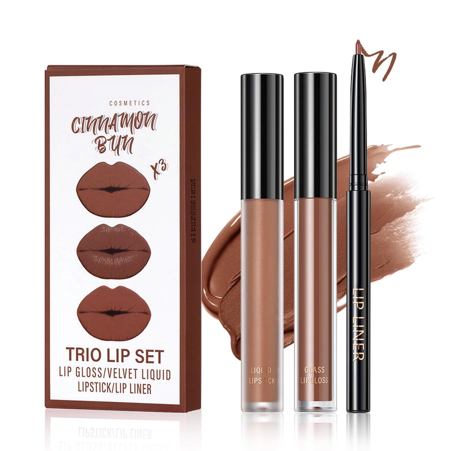 QIUFSSE 3 in 1 Brown Lip Gloss and Lip Liner Lipstick Set Nude Lip Liner Set Long-lasting Nonstick Cup Lip Kit Moisturizing Lip Set for Women (05 Whiskey Honey)