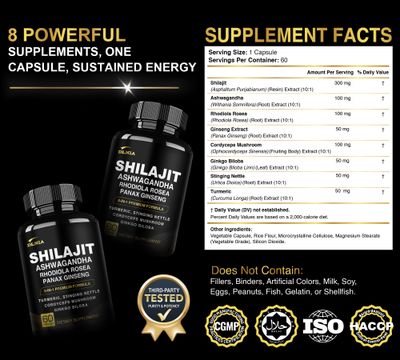 DLNIA 8-in-1 Shilajit for Men with Ashwaganda Himalayan Organic Supplement with Rhodiola Rosea, Ginseng, Turmeric, Mushroom Extract, for Immune Support, Energy, Calm, Focus, Clarity, Sleep, Cortisol