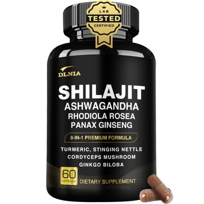 DLNIA 8-in-1 Shilajit for Men with Ashwaganda Himalayan Organic Supplement with Rhodiola Rosea, Ginseng, Turmeric, Mushroom Extract, for Immune Support, Energy, Calm, Focus, Clarity, Sleep, Cortisol