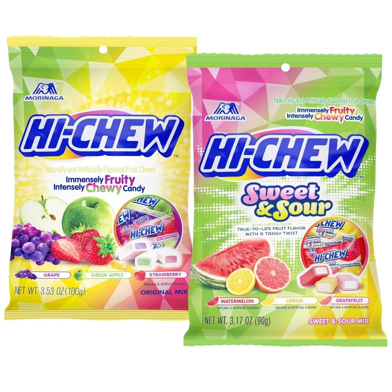 (Variety 2 packs) Hi Chew Candy, Sweet Sour Mix: Watermelon, Lemon, Grapefruit, Original Mix: Grape, Green Apple, Strawberry, Flavored Individually Wrapped Japanese Candies, 3.53oz, 3.17oz