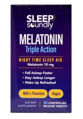 Sleep Soundly Melatonin Triple Action, with L-Theanine, Fall Asleep Faster, Wake Up Refreshed, 30 Tablets, 30 Servings