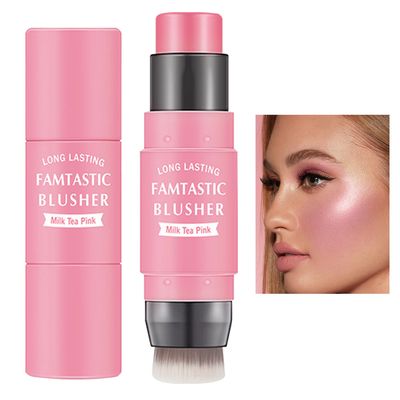 Cream Blush Stick with Brush,Waterproof Multi Cream Makeup Stick,Lightweight,Long-lasting,2 in 1 Multi Blush for Cheeks Lip Tint Eyeshadow Makeup(01 Milk Tea Pink)