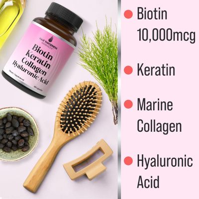 Biotin Keratin Marine Collagen Hyaluronic Acid, 4-in-1 Hair Growth Vitamins with 10000mcg Biotin Capsules, Thickening Complex for Women Men with Hair Thinning