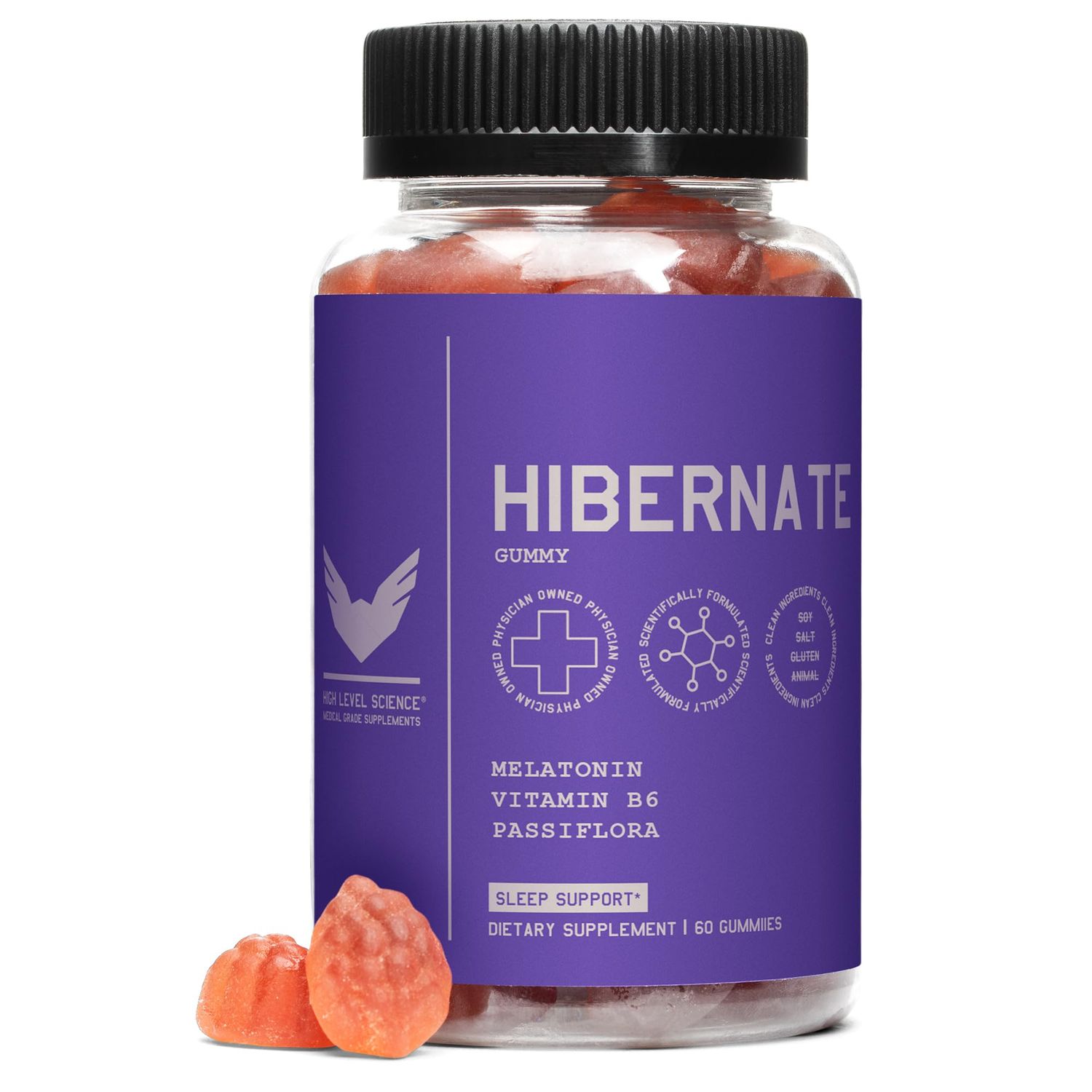 High Level Hibernate Gummy, Sleep Gummies for Adults, Sleep Support with Melatonin, Vitamin B6 Passiflora, Natural, Extra Strength, Non Habit Forming Ingredients, Soy Gluten Free, Vegan, 60 Count