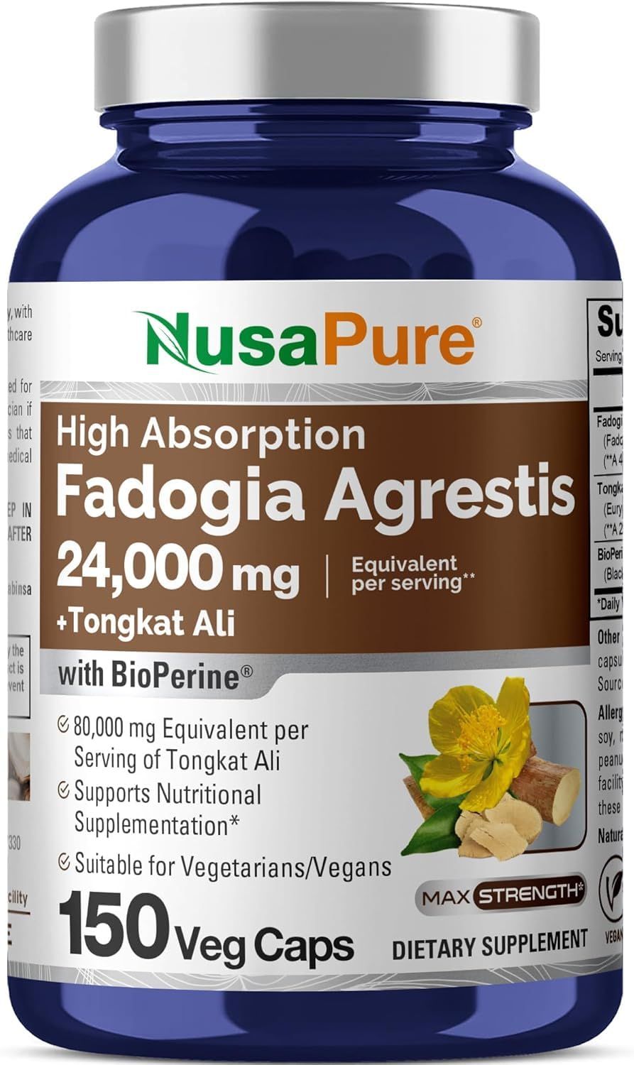 NusaPure Fadogia Agrestis 24,000mg Tongkat Ali 80,000mg - 150 Veggie Caps - Non-GMO, Made in USA, Serving 2 VCaps, BioPerine