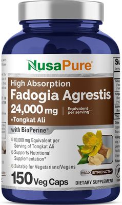NusaPure Fadogia Agrestis 24,000mg Tongkat Ali 80,000mg - 150 Veggie Caps - Non-GMO, Made in USA, Serving 2 VCaps, BioPerine