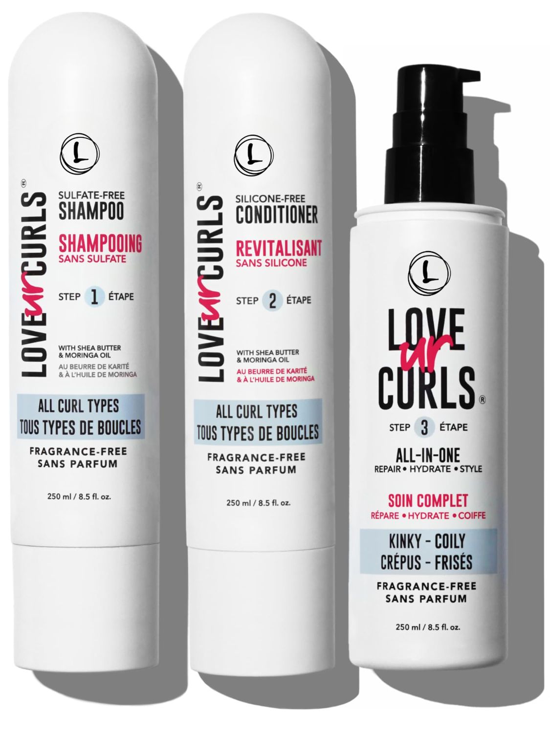 Love Ur Curls Fragrance Free Shampoo Conditioner Set with All in One Curl Cream Styler for Kinky Coily Hair, 3 Step System to Repair, 200 mL