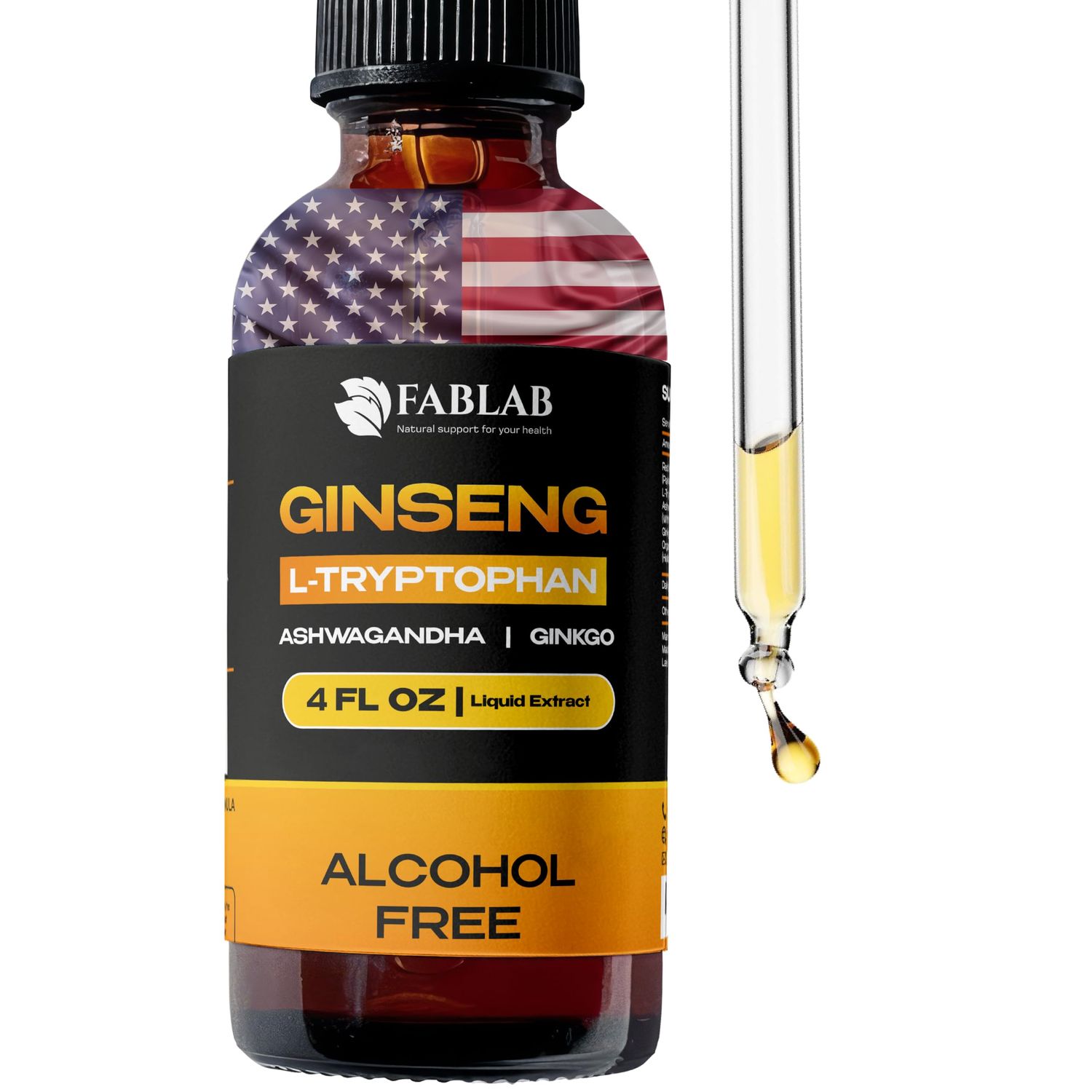 FabLab Ginseng L-Tryptophan Liquid Extract, Ashwagandha, Ginkgo, Red Korean Panax - Cognitive Support, Stress Relief, Energy Booster, 4 fl oz