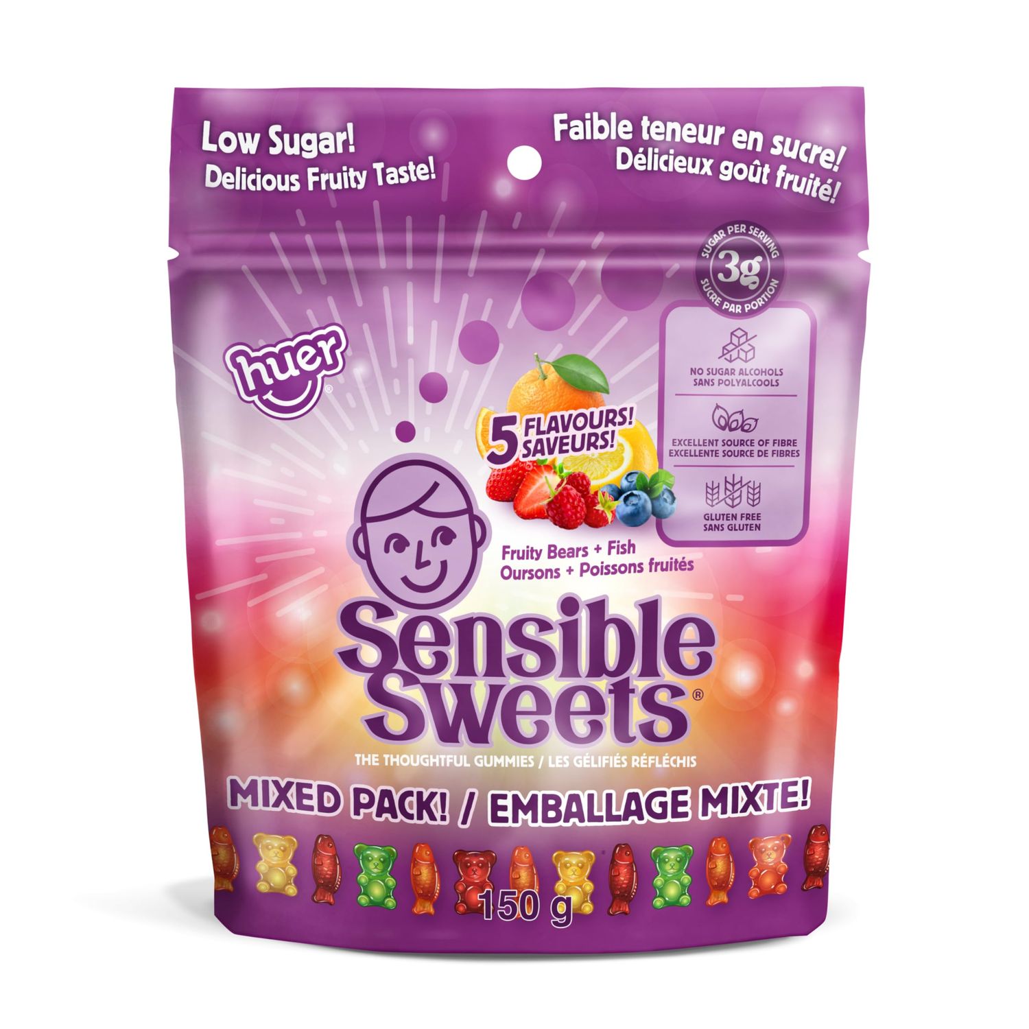Huer - Sensible Sweets Mix Fruity Fish Bears 3 Pack - Low-Sugar, Low-Calorie, All-Natural Gummy Candy - 150g Bags