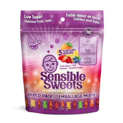 Huer - Sensible Sweets Mix Fruity Fish Bears 3 Pack - Low-Sugar, Low-Calorie, All-Natural Gummy Candy - 150g Bags