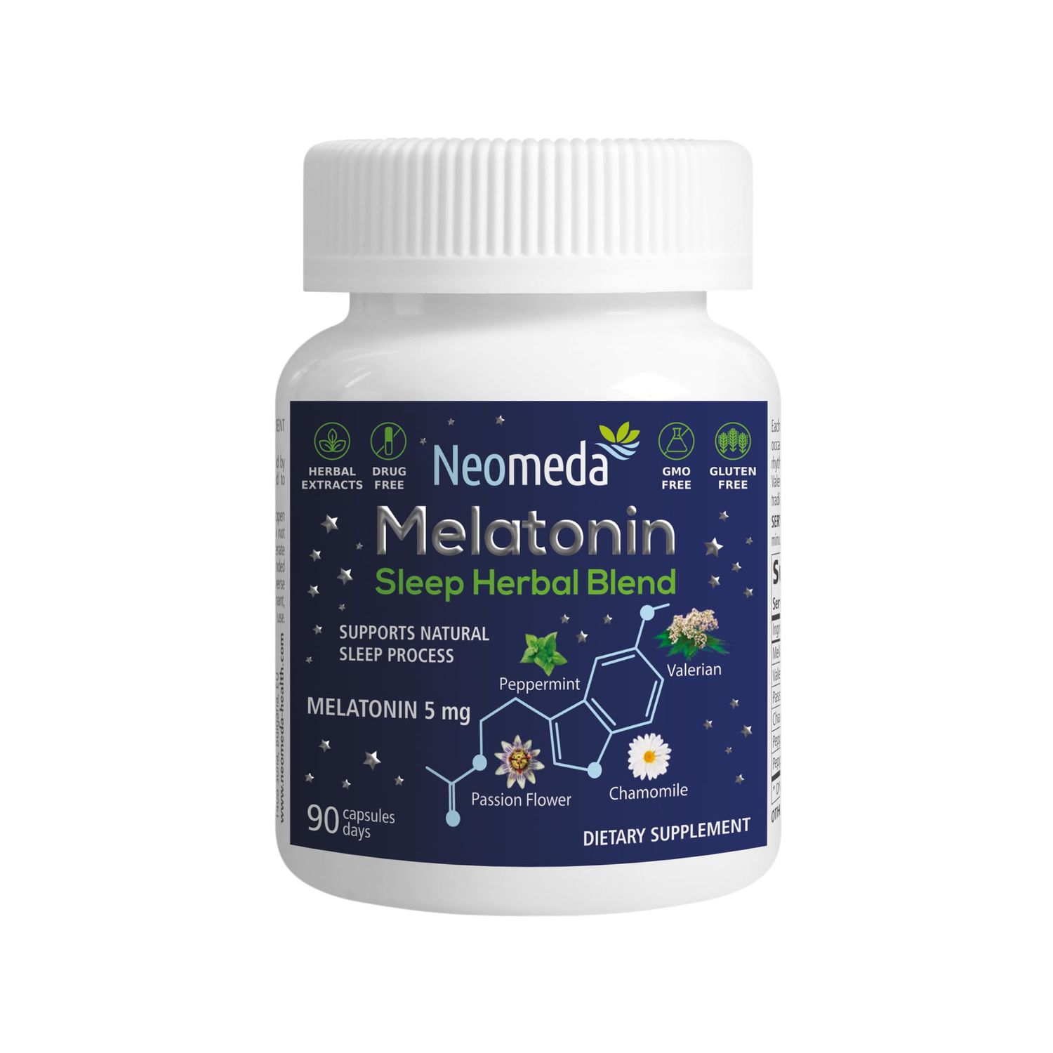 Neomeda Melatonin Sleep Herbal Blend - Natural Sleep Aid for Adults with 5mg Melatonin Sleep-Promoting Herbs - Drug-Free, Non-Habit Forming Sleep Supplement, 90 Capsules, 90-Day Supply