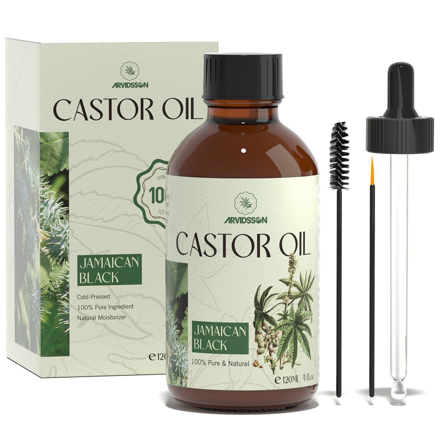 ARVIDSSON 100 Pure Jamaican Black Castor Oil for Hair Growth, Eyelashes, Eyebrows - 4 Fl Oz, Cold Pressed Castor Oil, Hair Oil, Body Oil, Skin Scalp Moisturizer