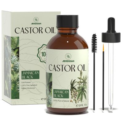 ARVIDSSON 100 Pure Jamaican Black Castor Oil for Hair Growth, Eyelashes, Eyebrows - 4 Fl Oz, Cold Pressed Castor Oil, Hair Oil, Body Oil, Skin Scalp Moisturizer