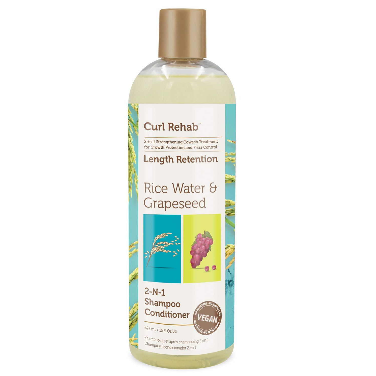 Curl Rehab Length RetentionStrength Treatment 2 in 1 Shampoo Conditioner, Enriched with Rice Water Grapeseed, For Hair Growth, Protection Frizz Control, 16 Oz