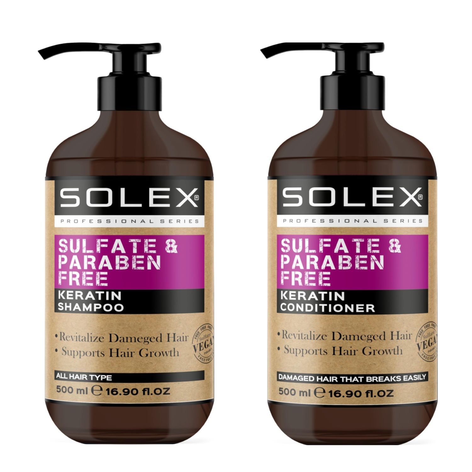 Solex Keratin Shampoo and Conditioner Set for Hair Growth- Sulfate Paraben Free - Volumizing Shampoo - Treatment for Men Women Hair Thickening Volumizing Products, (2 pc. X 16.9 Fl Oz 500mL)