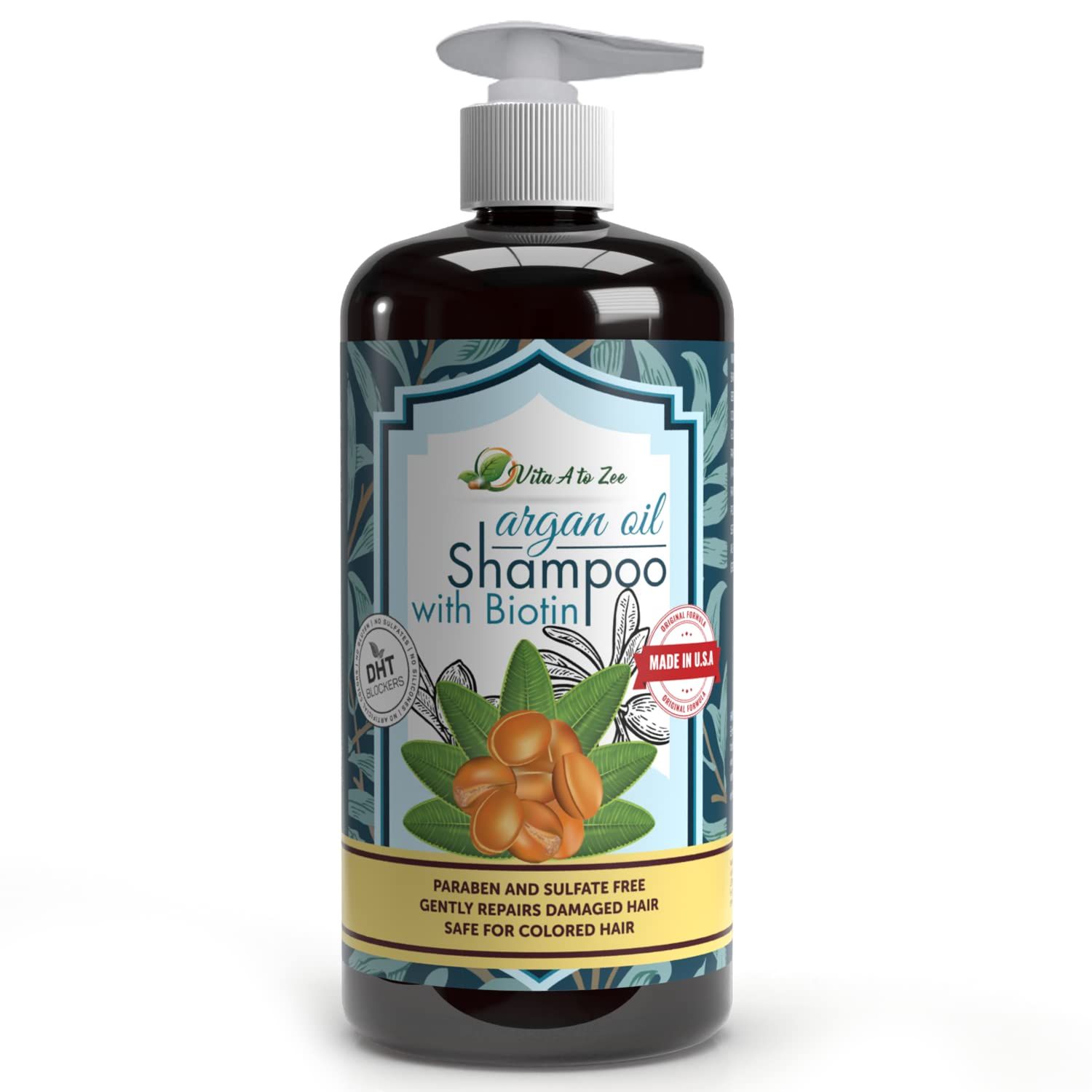 Vita A to Zee Moroccan Argan Oil Biotin Shampoo (16.9 Fl Oz) Professional Strength Formula Natural Hair Repair, Moisturization Treatment for Dry, Damaged Hair DHT Blocker Anti Hair Loss
