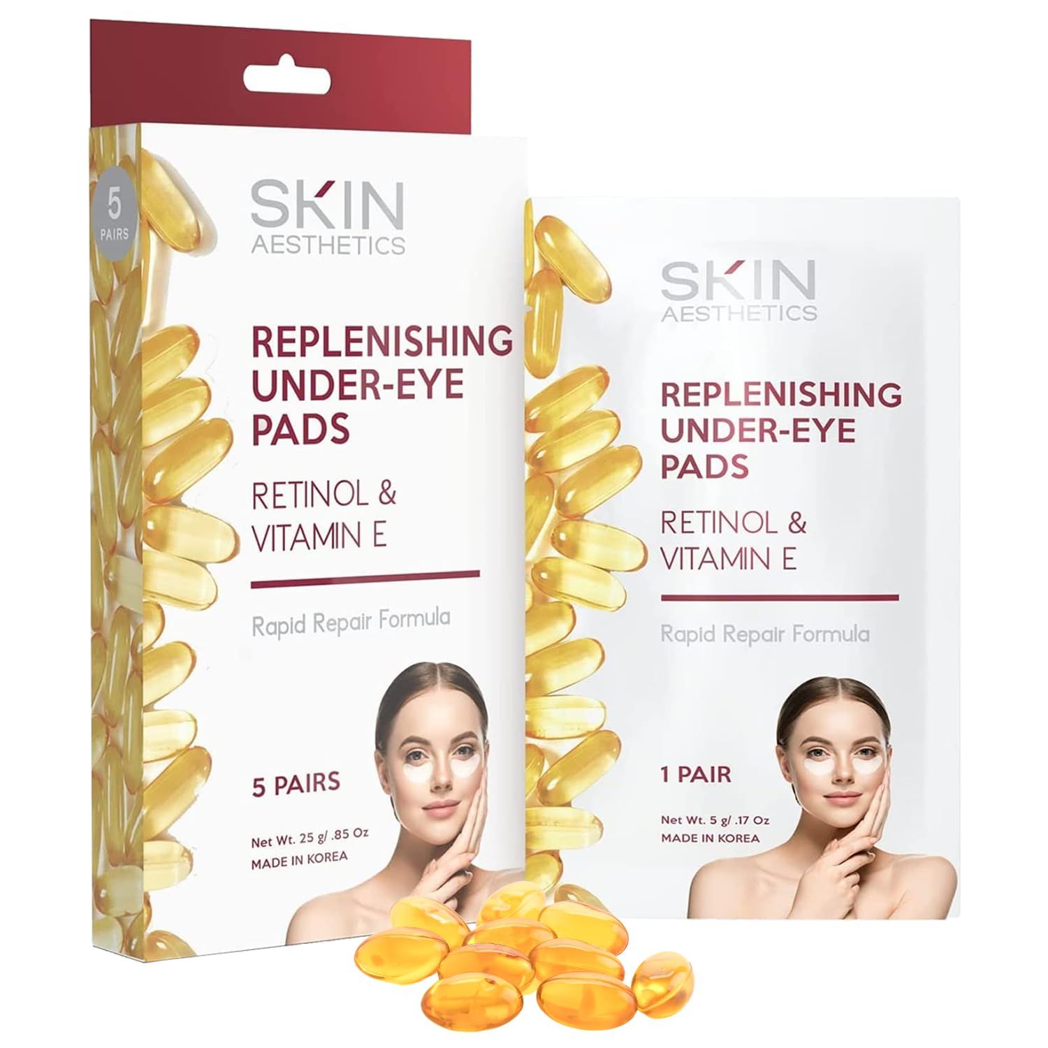 Skin Aesthetics Retinol Vitamin E Under Eye Patches - Reduces Wrinkles, Fine Lines Eye Bags, Repairs Skin - Dermatologist Tested Korean Skincare - Clean Beauty, Cruelty-Free - 5 Pairs