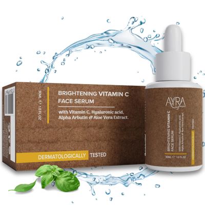 Ayra Organic Brightening Vitamin C Face Serum - 1 Fl Oz skin glow serum with Hyaluronic Acid, Alpha Arbutin Aloe Vera Extract Organic Eco-Friendly Skincare Ideal for Dark Spots Dull Skin