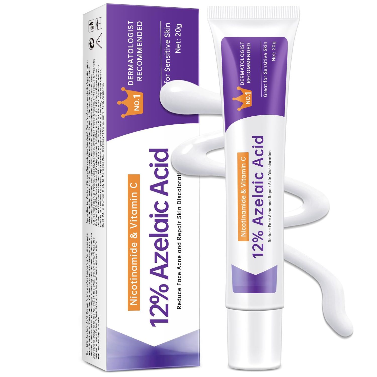 Azelaic Acid 12 Acne Cream, Azelaic Acid Serum with Niacinamide Vitamin C Reduces Redness, Acne, Soothes Irritation, Azelic Acid for Facial Exfoliation, Blackheads Scars, 0.7oz