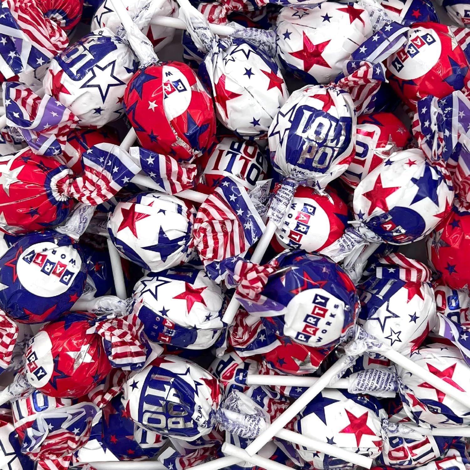 4th of July Candy 2 Pound Bag, 35 Pieces Patriotic Lollipops Gum-Filled Patriotic Candy Individually Wrapped Cherry, Blue Raspberry, Vanilla Flavors