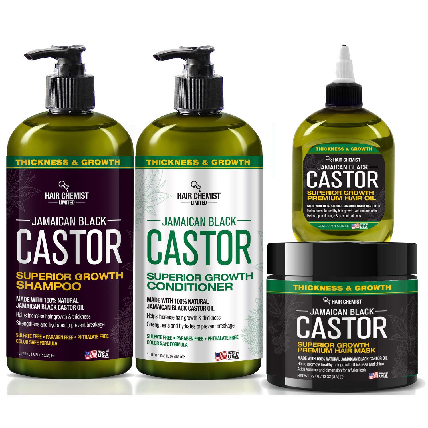 Hair Chemist Superior Growth Jamaican Black Castor Shampoo Hair Care Collection 4PC SET - Includes 33.8oz Shampoo, 33.8oz Conditioner, 12oz Hair Mask 7oz Hair Oil