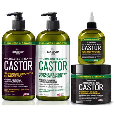 Hair Chemist Superior Growth Jamaican Black Castor Shampoo Hair Care Collection 4PC SET - Includes 33.8oz Shampoo, 33.8oz Conditioner, 12oz Hair Mask 7oz Hair Oil