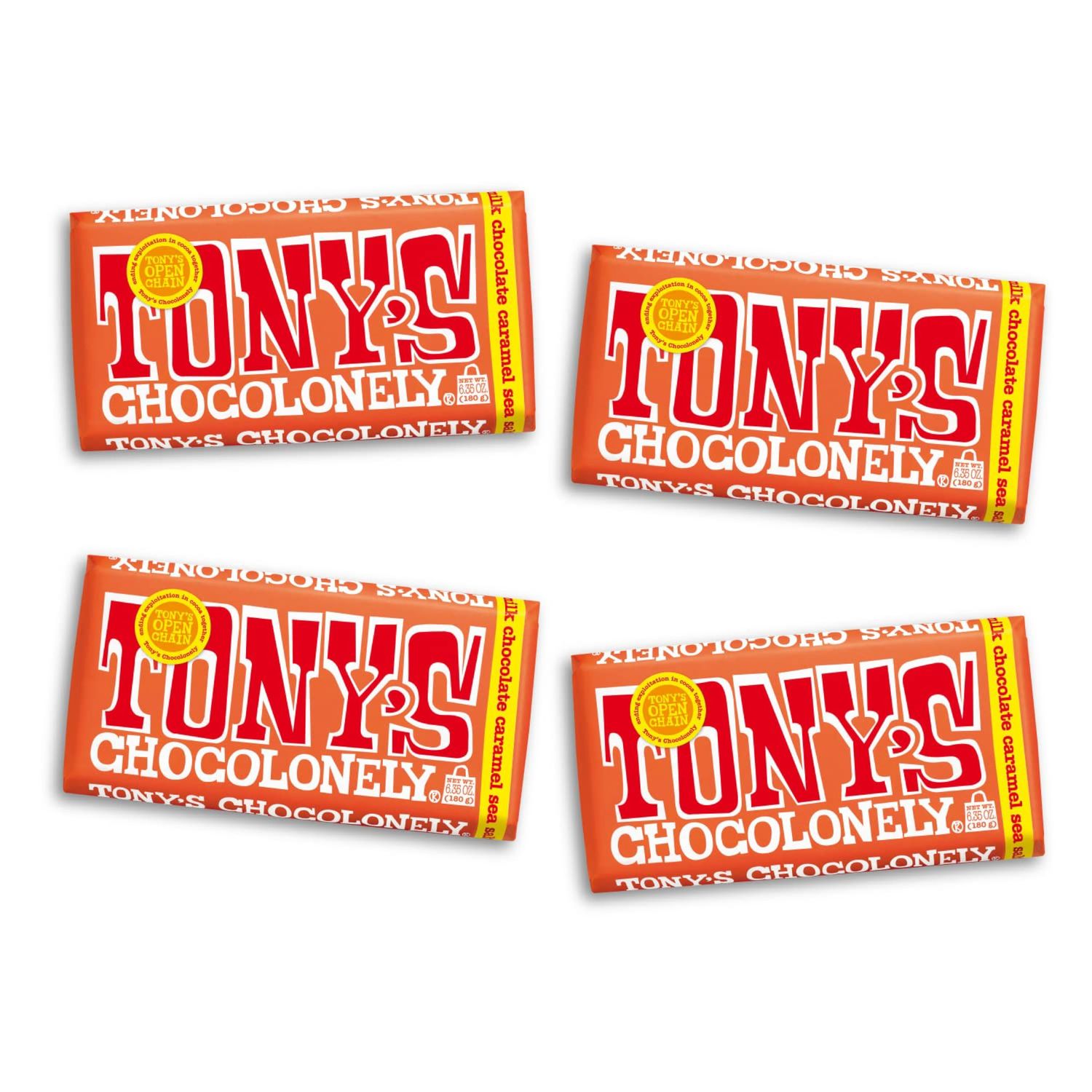 Tony&#39;s Chocolonely 32 Milk Chocolate Caramel Sea Salt Bars, 6.35 Oz, 4 Bars