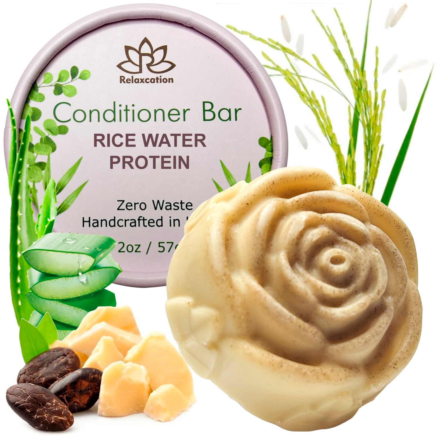Rice Water Protein Conditioner Bar for Hair Growth Strengthening ALOE VERA, RICE PROTEIN, RICE BRAN OIL, COCOA BUTTER Handmade in USA Sulfate-Free, Phthalate-Free, Paraben-Free