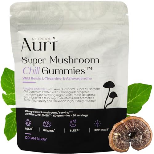 Auri Super Mushroom Chill Gummies - Natural Calming Aid Stress Reduction Supplement for Adults wReishi Mushroom, Ashwagandha, L-Theanine - Unwind Mind Harmonize Your Day - 60 Calm Gummies
