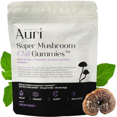 Auri Super Mushroom Chill Gummies - Natural Calming Aid Stress Reduction Supplement for Adults wReishi Mushroom, Ashwagandha, L-Theanine - Unwind Mind Harmonize Your Day - 60 Calm Gummies