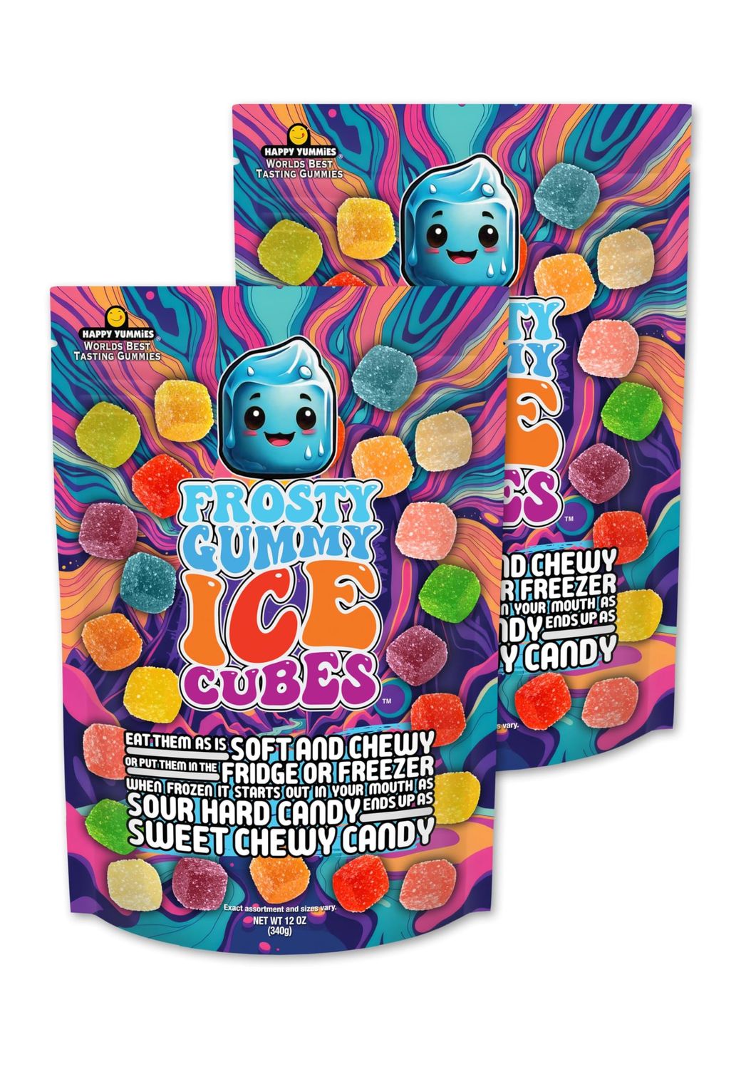 Happy Yummmies Gummy Ice Cubes Mix, Multi Flavor Gummy Candy, Sugared Gummy Cubes, Gummy Candy Snacks, Gourmet Candies, with fun Resealable Bag - 12oz, 2 Pack