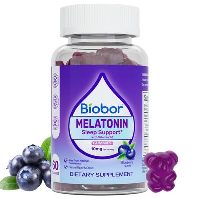 Biobor Natural Melatonin Gummy 10mg, Sleep Support Supplement Gummies Vegan Dietary with Vitamin B6 for Adult (Blueberry, 60 Count)