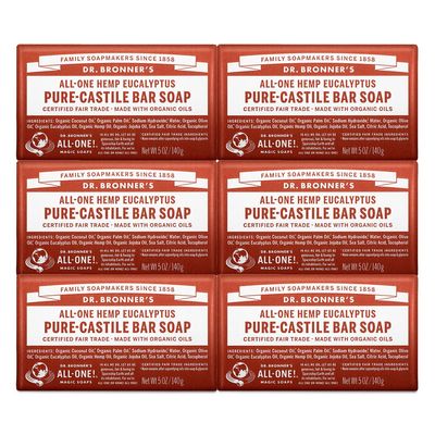Dr. Bronner&#39;s - Pure-Castile Bar Soap (Eucalyptus, 5 ounce, 6-Pack) - Made with Organic Oils, For Face, Body and Hair, Gentle and Moisturizing, Biodegradable, Vegan, Cruelty-free, Non-GMO