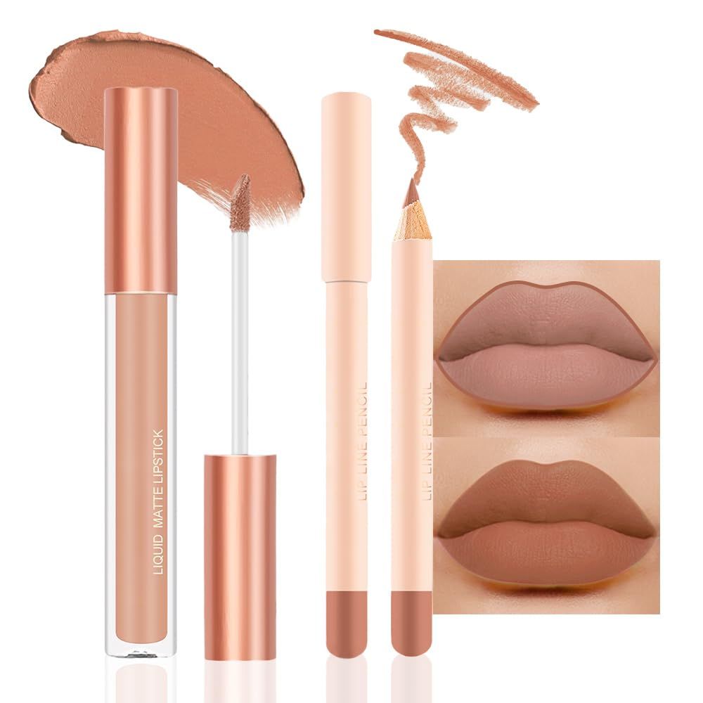 BINGBRUSH Colors Liquid Matte Lipstick and Lipliner Pack Set, Lip Tint Long Lasting 24 Hour Waterproof Velvet Nonstick Cup Lipgloss Lip Stain Pigmented Lip Makeup Gift Sets (1Pc 02)