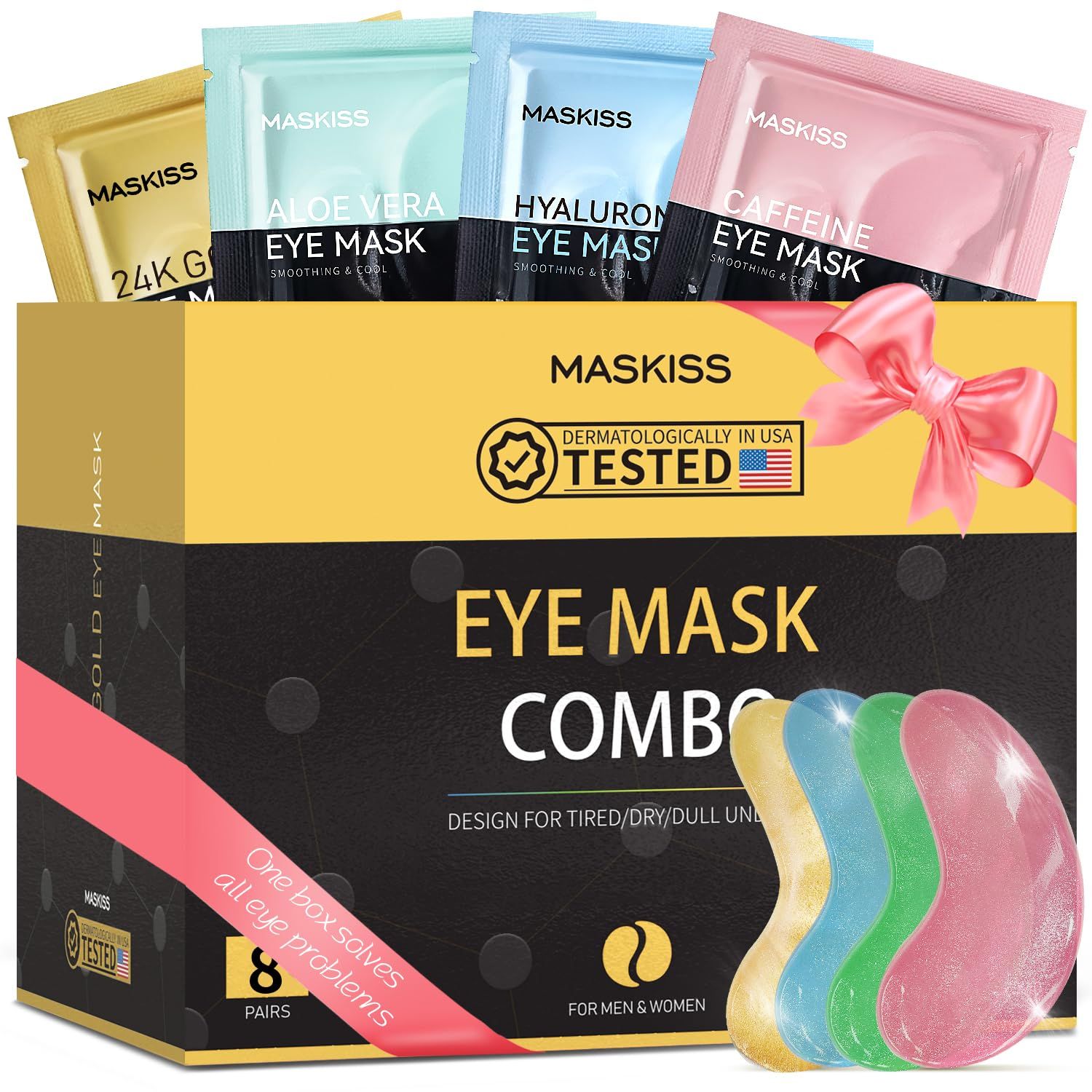 Maskiss Under Eye Patches(8 Pairs), 24K Gold, Caffeine, Hyaluronic Acid, Aloe Vera Eye Masks for Dark Circles Puffy Eyes Undereye Bags, Eye Skin Care Gift Set for Bachelorette Party Favors
