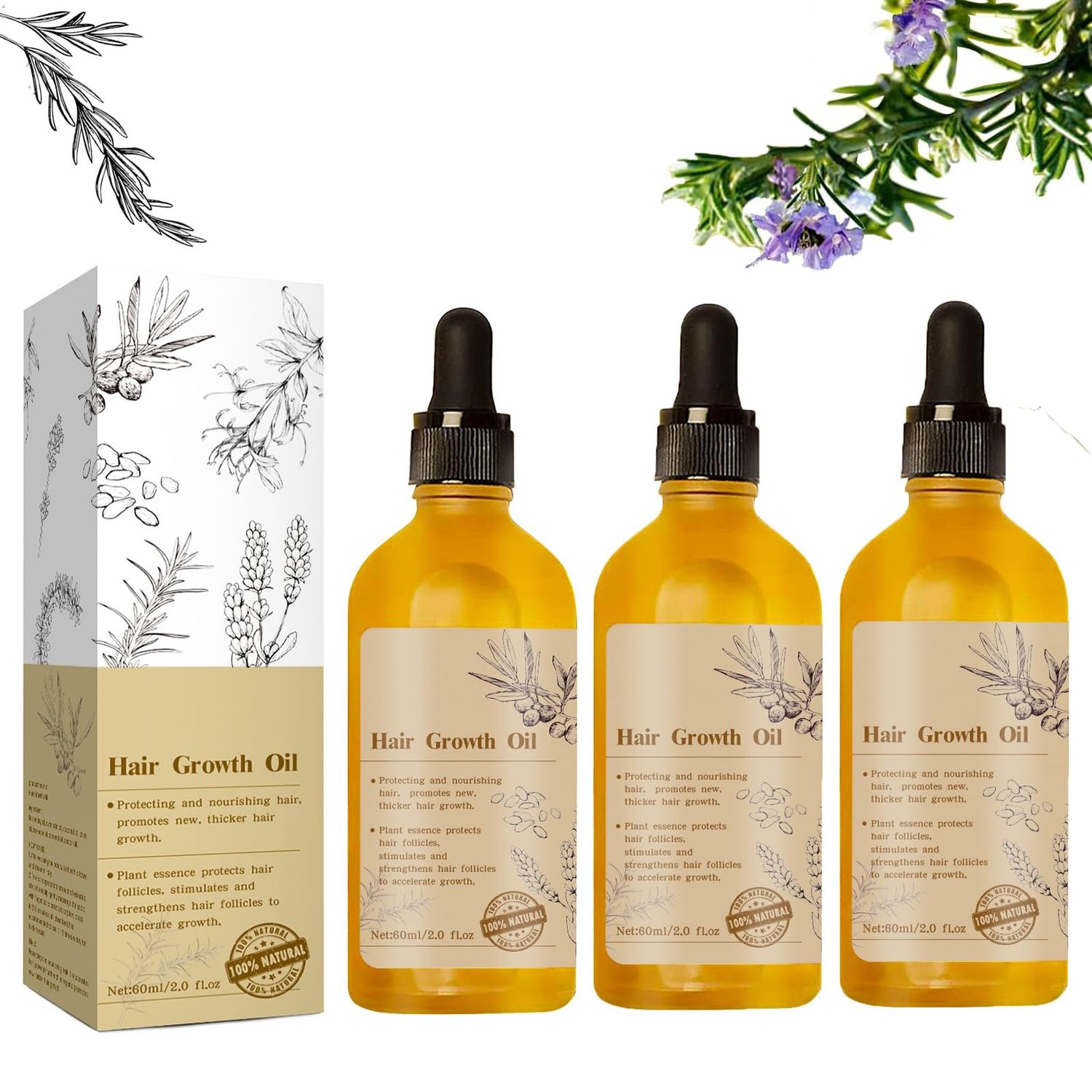 OBRVE 3PCS Veganic Natural Hair Growth Oil for Dry, Damaged and Thin Hair