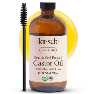 Kitsch Organic Castor Oil For Hair Growth, Castor Oil Organic Cold Pressed Unrefined Glass Bottle, 100 Pure, For Face, Skin, Lashes, Brows, Scalp, Nails Belly Button, Hexane Free, USDA - 16oz