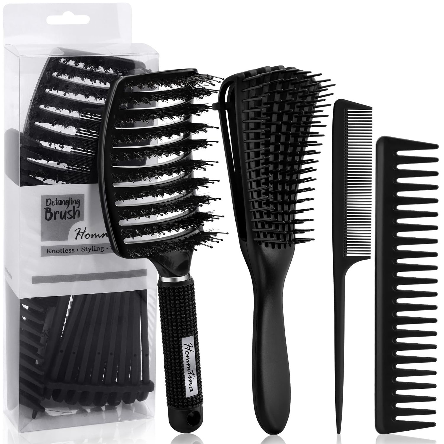 Hommtina 4Pcs Vented Brush Set for ThickWetDryWavyCurlyOilLong Hair - Afro AmericaAfrican Hair (4 PCS, Black)