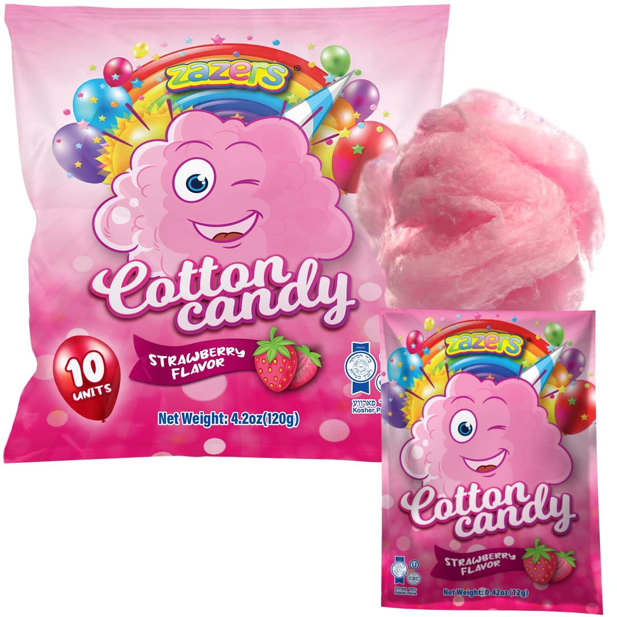 Cotton Candy 10 Pack, 10 cotton candy Bags each 0.42oz, Strawberry mini cotton candy, Pink cotton candy Individually Wrapped for Parties Favors, Enjoy Fluffiness of kosher candy Anytime
