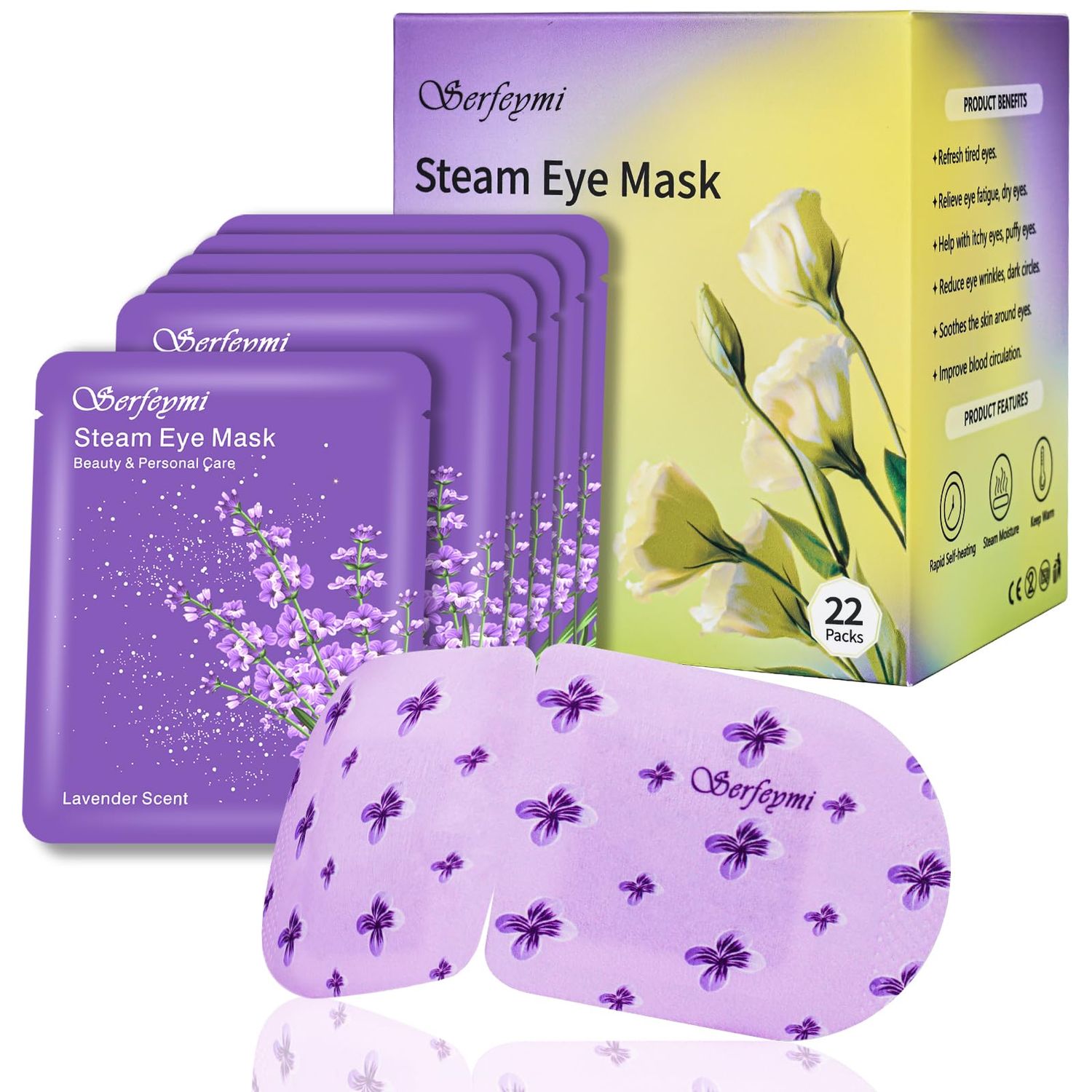 Serfeymi 22 Packs Steam Eye Mask-Disposable Cornea Care Rest Self Heating Eye Mask,Warm Eye Compresses for Dry Eyes,Sleep,Spa,Travel Essentials Relaxation Gifts,Stocking Stuffers-Lavender