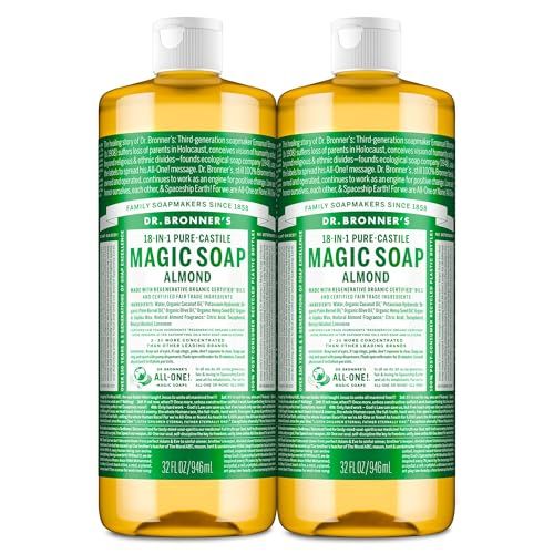 Dr. Bronner&#39;s Magic Soap - Pure-Castile Liquid Soap (Almond, 32 ounce, 2-Pack) - Regenerative Organic Certified Oils, 18-in-1 Uses: Body, Hair, Laundry, Pets Dishes, Concentrated, Vegan, Non-GMO