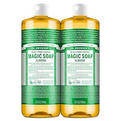Dr. Bronner&#39;s Magic Soap - Pure-Castile Liquid Soap (Almond, 32 ounce, 2-Pack) - Regenerative Organic Certified Oils, 18-in-1 Uses: Body, Hair, Laundry, Pets Dishes, Concentrated, Vegan, Non-GMO