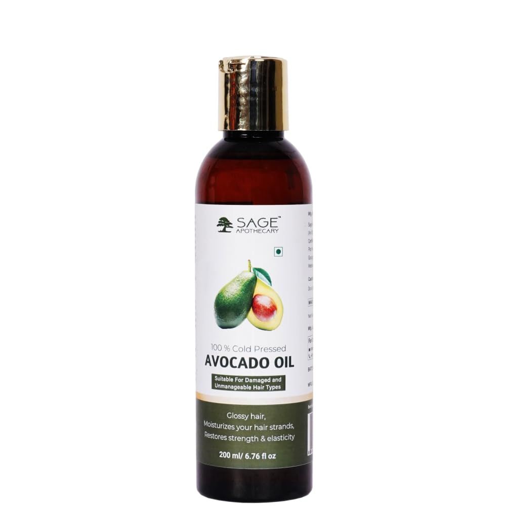 Sage Apothecary Avocado Oil for Skin, Hair and Face - 100 Pure and Natural Body Oil and Hair Oil - Carrier Oil for Essential Oils, Aromatherapy and Massage Oil - 200 ml