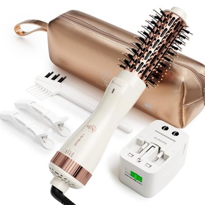 Dual Voltage(100250V) 1.5 Inch Barrel Round Brush Blow Dryer, Hair Dryer Brush with European Plug Adapter, 4-in-1 Negative Ionic One Step Volumizer Dryer- 2.8 Inch Include Bristles