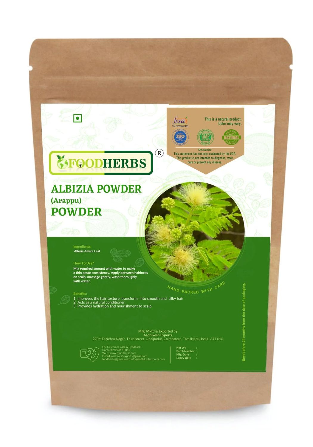 FOODHERBS Arappu powder Natural shampoo and conditioner Albizia Amara Helps with Hair Fall Scalp Care 200 Gms0.44 Lbs Herbal Traditonal Hair Wash
