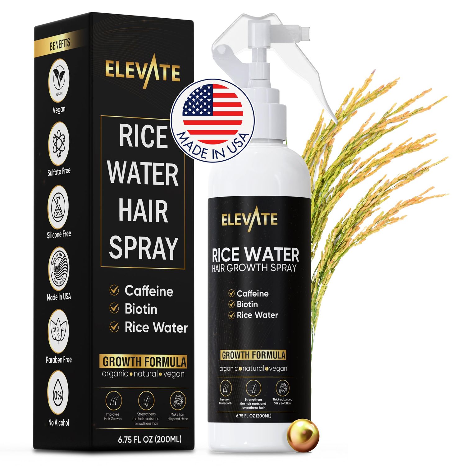 Elevate Rice Water Hair Growth Spray - Infused with Biotin, Caffeine Aloe Vera for Thicker, Longer, Softer Hair - Fermented Leave In Mist for Thinning, Damaged Hair - Vegan Non-Greasy