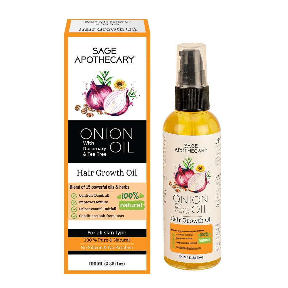Sage Apothecary 100 Natural Onion, Rosemary Tea Tree Hair Oil for control hair fall and Dandruff Silicon Paraben Free- 100 ML