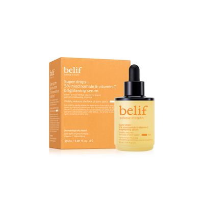 belif Super Drops 5 Niacinamide Vitamin C Serum Evens Skin Tone, Reduces Dark Spots Post-Blemish Marks, Soothes Redness with AHA Glutathione