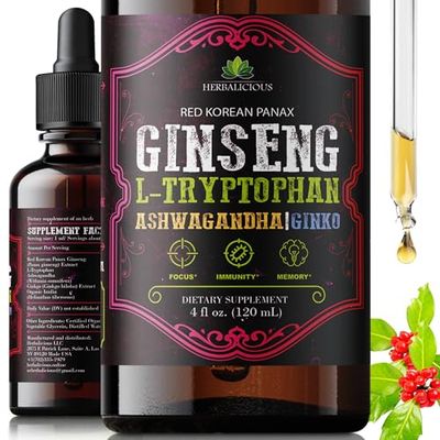 Ginseng L-Tryptophan Liquid - Ashwagandha, Ginkgo, Red Korean Panax - Drops Dietary Supplement Natural Stress Relief, Mood Booster, Sleep Aid Calming Support - Non-GMO Vegetarian Formula (4 fl oz )